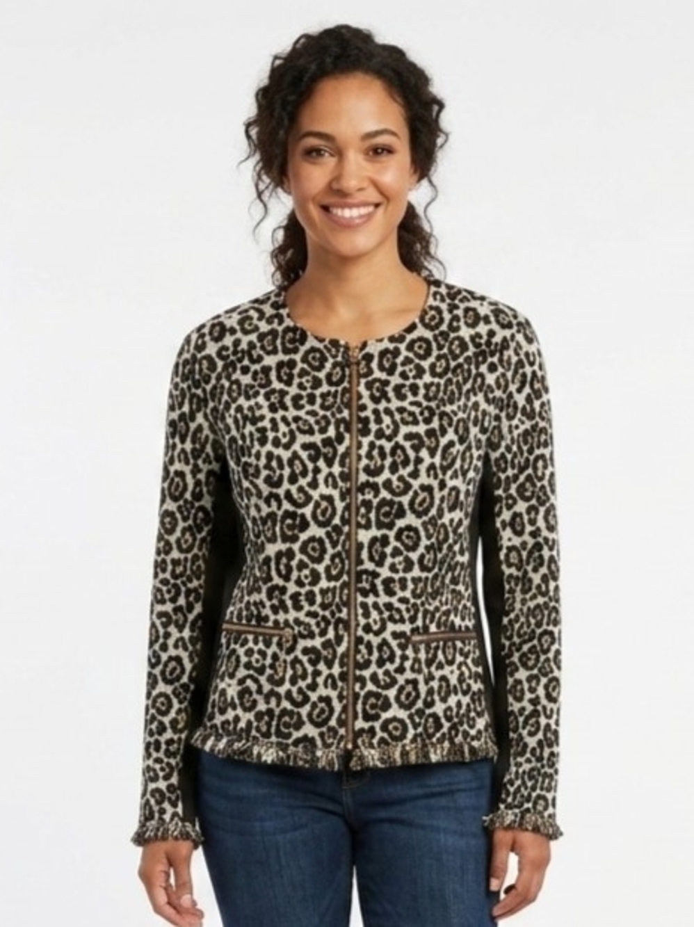 Joseph Ribkoff Black and Cream Leopard-Print Zip Jacket Size 12
